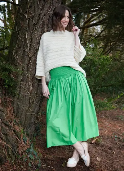 Textured Stripe Wool Crew Neck Sweater in Ecru
